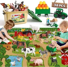 Large Play Mat with Farm Animal Toys Farm Truck Worker Figures Toy for Toddlers