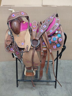 KIDS WESTERN SADDLE YOUTH BARREL RACING TRAIL PLEASURE PINK USED TACK SET 13