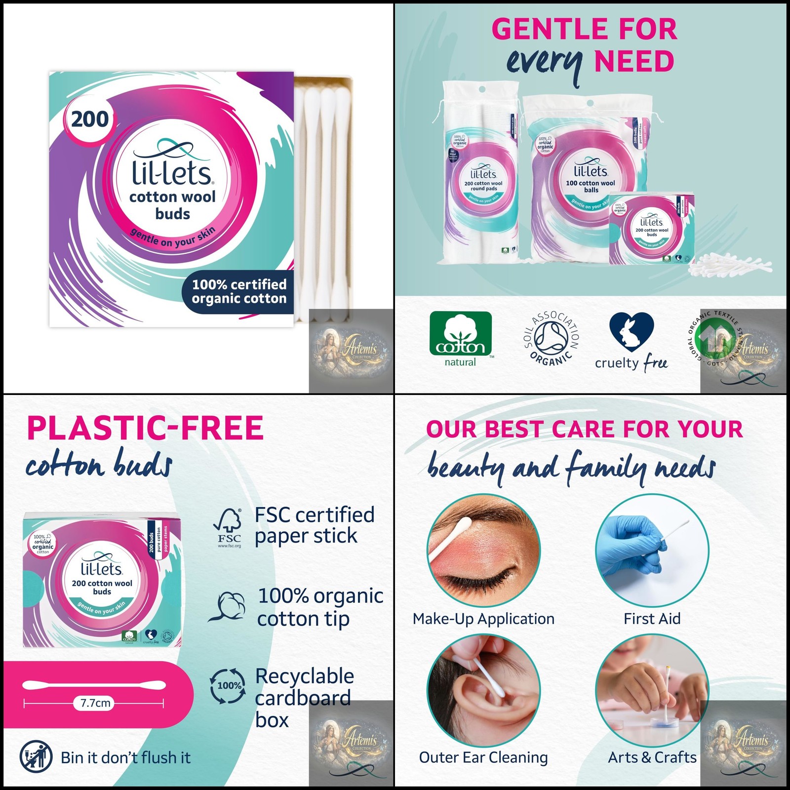 Lil-Lets Cotton Wool Buds| Certified Organic| 200 Pure Cotton Wool Tips