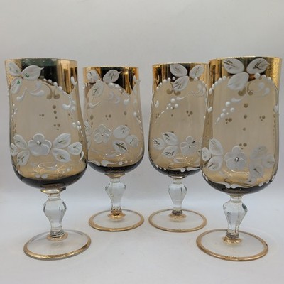 VTG Bohemia Czechoslovakia Smoky Glass Wine Goblets Gold Embellished   Set of 4