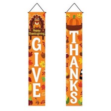 2pcs Thanksgiving Porch Banner Sign Autumn Door Banners Give Thanks Happy Fal...