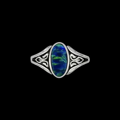 925 Sterling Silber Diamantschliff Oval Blau Opal Cabochon Ring, Iris Akzent...