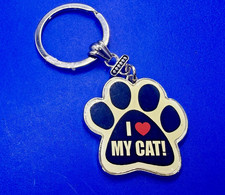 I Heart Love My Cat Black White Paw Print Shaped NOS Keychain - Key Ring Chain