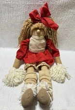 Cute Folk Art Cheerleader In Red Skirt/White Pom Poms-21” Rag Cloth Doll