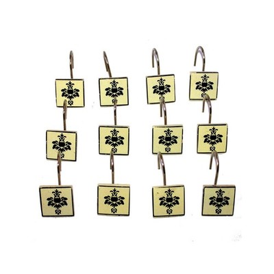 12pc Set* Shower Curtain Hooks One Dozen Square Flower Off-White+Black Bath Deco