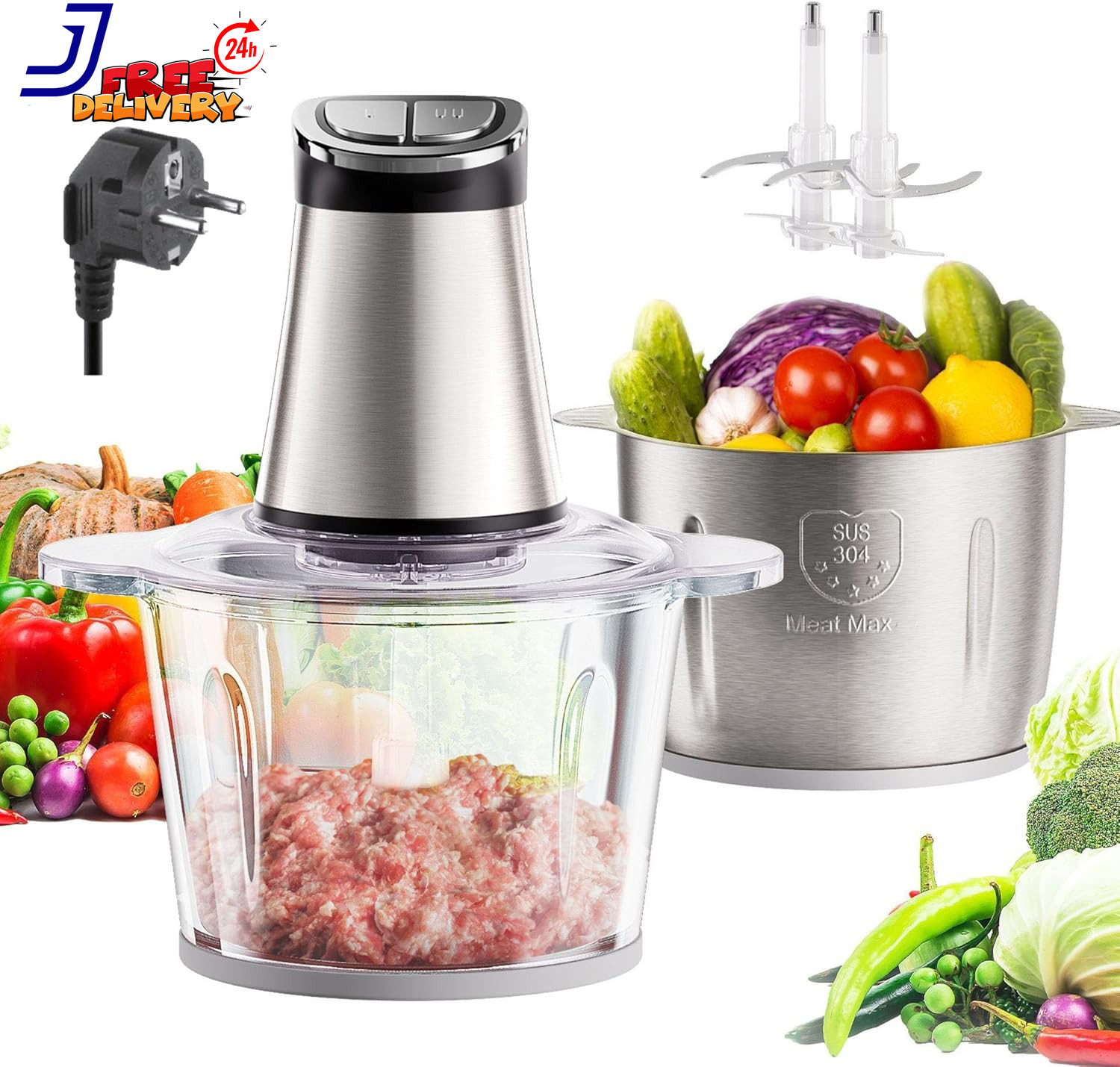 220V EU Plug 3L Dual Bowl Food Prep Processor with 2 Blades 