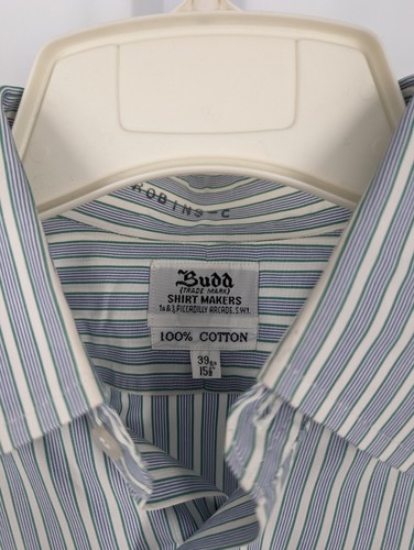 Budd Shirtmakers Piccadilly London Vtg Green Blue Stripe French Cuff Shirt 15.5 - Picture 3 of 3