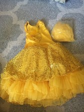 VGC Yellow Sequin Dress Revolution Dancewear Child's Small with Feathered Cap