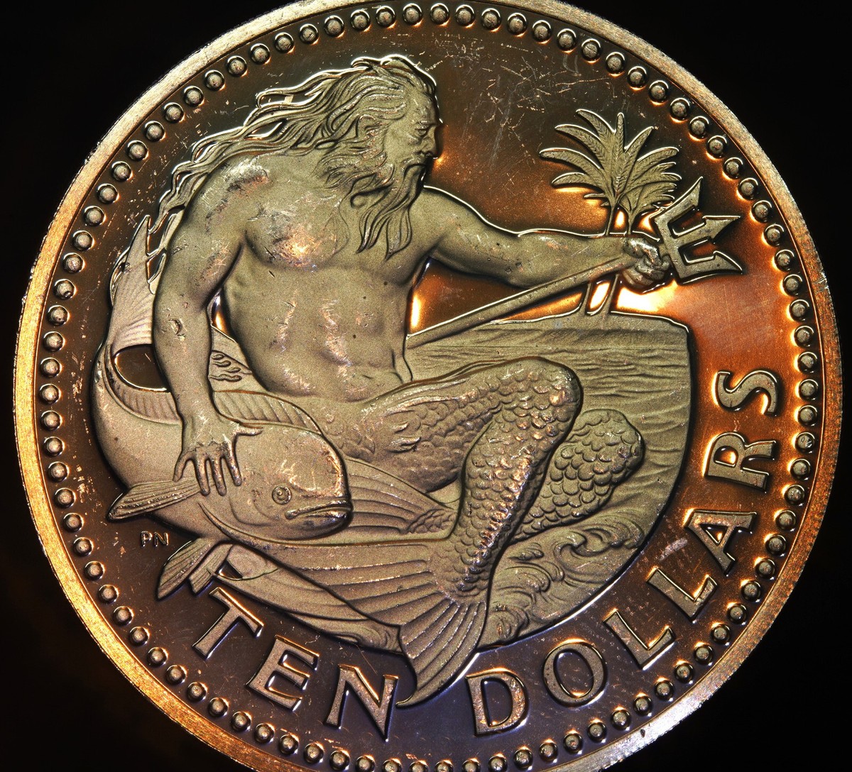 1973 Barbados Neptune Ocean God 10 dollars TONED 925 Sterling