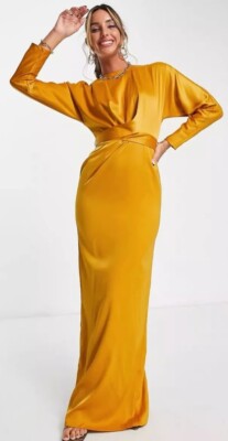 green emerald velvet dress Asos Design Off Shoulder Bardot Tuck Midi Dress In Satin Gold main image 0