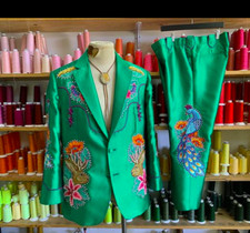 Men Green 2Pc custom made peacock Embroidered cocktail Western wedding outfits.