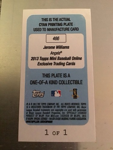 2013 Topps Mini JEROME WILLIAMS Cyan Printing Plate # 1/1 Angels - Picture 4 of 4