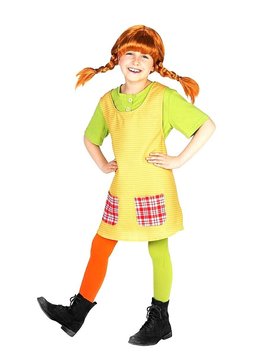 Girls Pippi Longstocking Costume Kids Fancy Dress TV Book Day Character Outfit