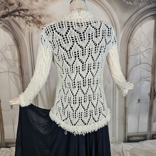Crochet Knit Cardigan Vintage Jacket Snowy White Ruffled Sweater 1970s 1960s - Picture 7 of 10