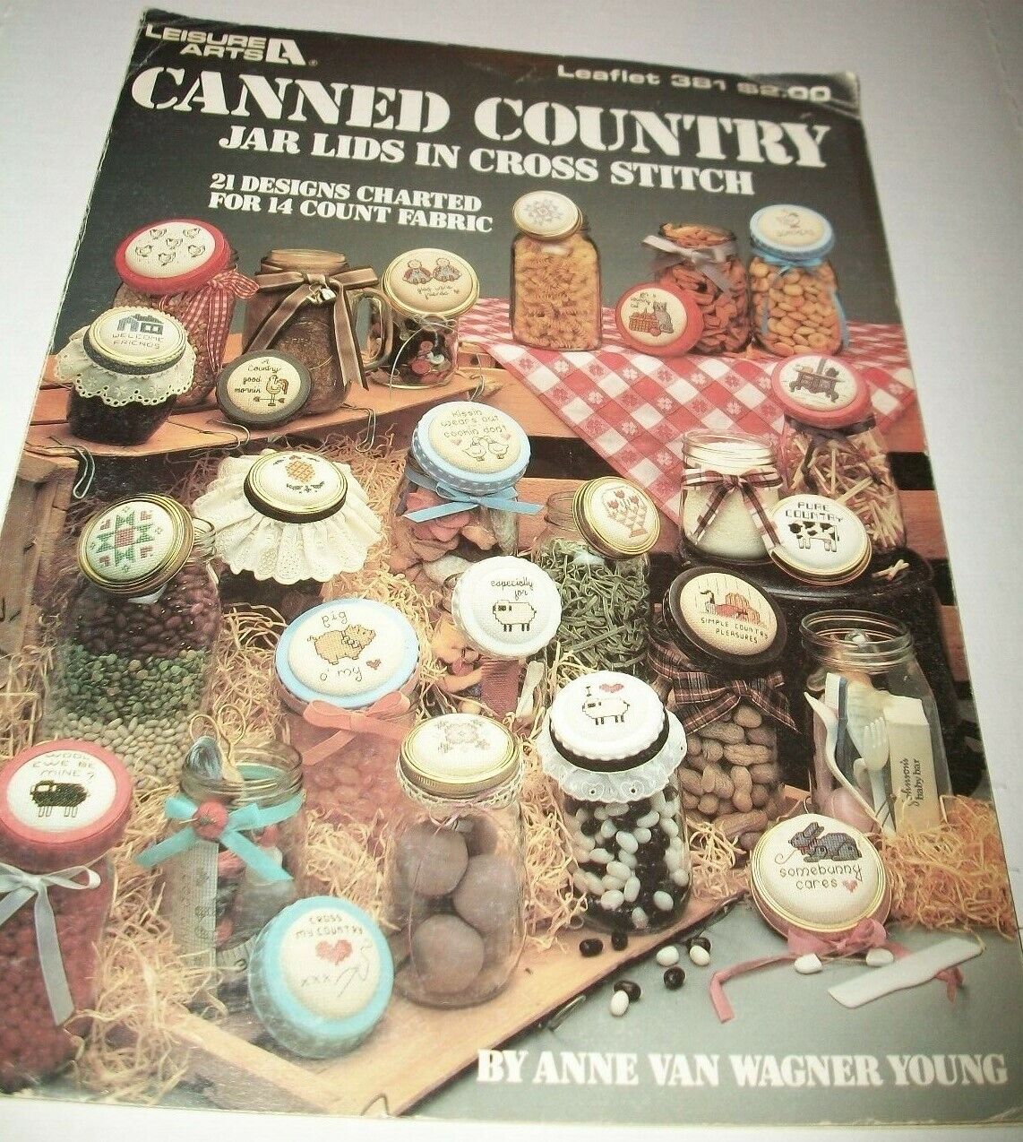 LA COUNTED CROSS STITCH JAR LIDS CANNED COUNTRY #381 PATTERN LEAFLET 1985