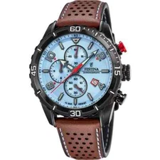 Festina Timeless F205191 Mens Brown Leather Strap Blue Chronograph Dial Watch