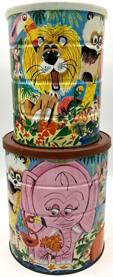 Two 1960s Coffee Cans Jungle Zoo Animals Elephant Tiger Turtle Toys Crafts Kids