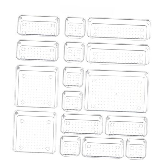 16 PCS Plastic Clear Drawer Organizer Set, 5 Sizes Desk Office Pack of 16