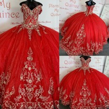 Red Quinceanera Dresses Gold Lace Off The Shoulder Sweet 15 16 Prom Ball Gowns