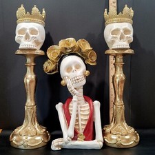 XL 3 pc Set Crown Skull Pillar Candle Holders  Skeleton Catrina Bust Figurine