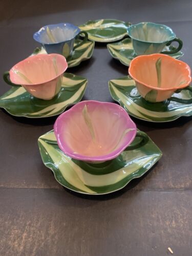 Blume Teetasse & Blattform Untertasse verschiedene Farben 5 Tassen 6 Untertassen LESEN - Bild 2 von 13