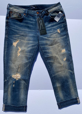Rock Revival Remix Dark Denim Capri Easy Distressed Blue Jeans Women's 30 NEW