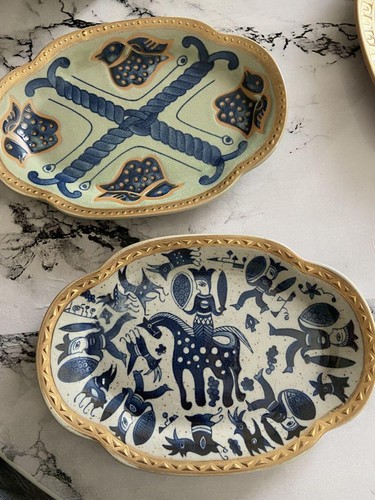 Mino Ware Eclectic Kaikai Oval Plates Set of 5 Hayyam Poem Japanese Pottery - Picture 4 of 6