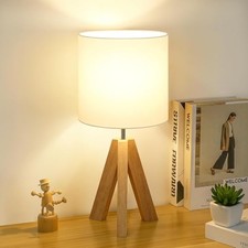 Small Beside Table Lamp, Wood Tripod Table Lamp with Fabric Shade, Cute White