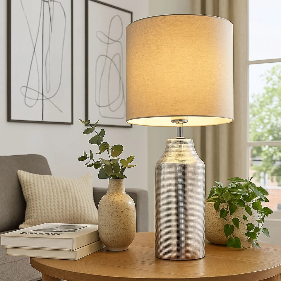 Lampada da Tavolo Lampada da Comodino Ceramica Tessuto Scrivania Argento H 61 CM - Immagine 4 di 4