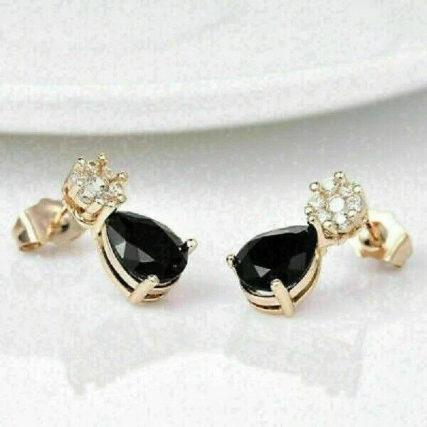 14K  Yellow Gold plated 1.00CT Pear Simulated Black Diamond Dangle Earring - Image 3 of 3