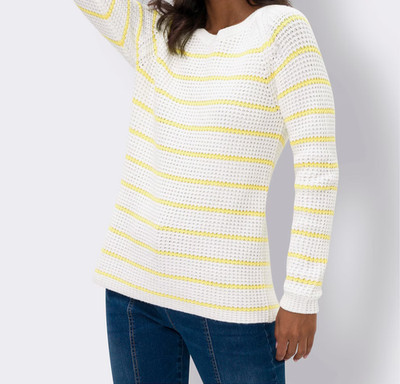 134190- Heine Damen Pullover Pulli Rundhals Struktur weiß zitrone Gr. 36 - 48
