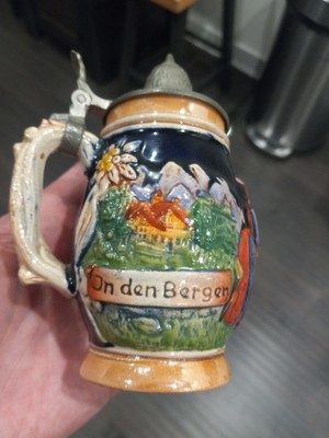 Miniature German Beer Stein with Lid On Den Bergen wohnt die frued