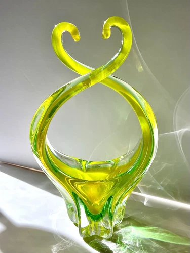 MCM Murano Art Glass Handled Basket Yellow Green Clear Sommerso VTG 1960s 12”x7”