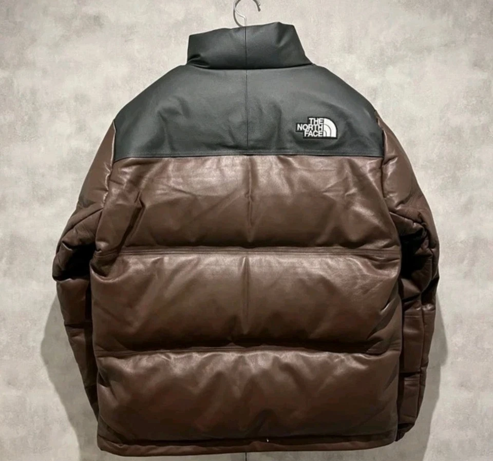 Men’s Nuptse Style Brown & Black Leather Puffer Jacket – Mountain Inspired Coat - Image 2 of 4