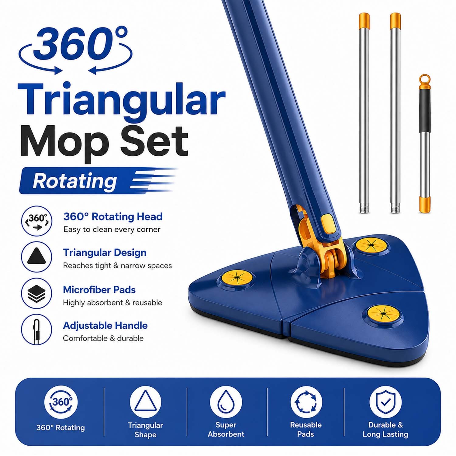 Triangular Flat Mop Set with 2 Microfibre Pads | 360° Rotating Self Wring Floor 