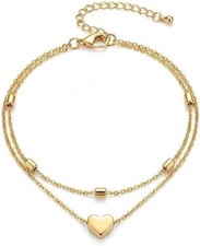 Layered Heart Pendant Anklet Adjustable Beaded Ankle Bracelet for Women