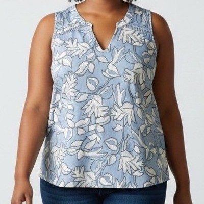 Montgomery Post Womens Plus 1X Blue Floral Sleeveless Blouse boho coastal