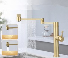 Brushed Gold Deck Mounted Kitchen Folding Faucet w/Rainfall Swing Arm Mixer Tap