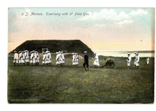 US Marines Exercising 3-inch Field Gun Military Drill Illustrated Postal Card...