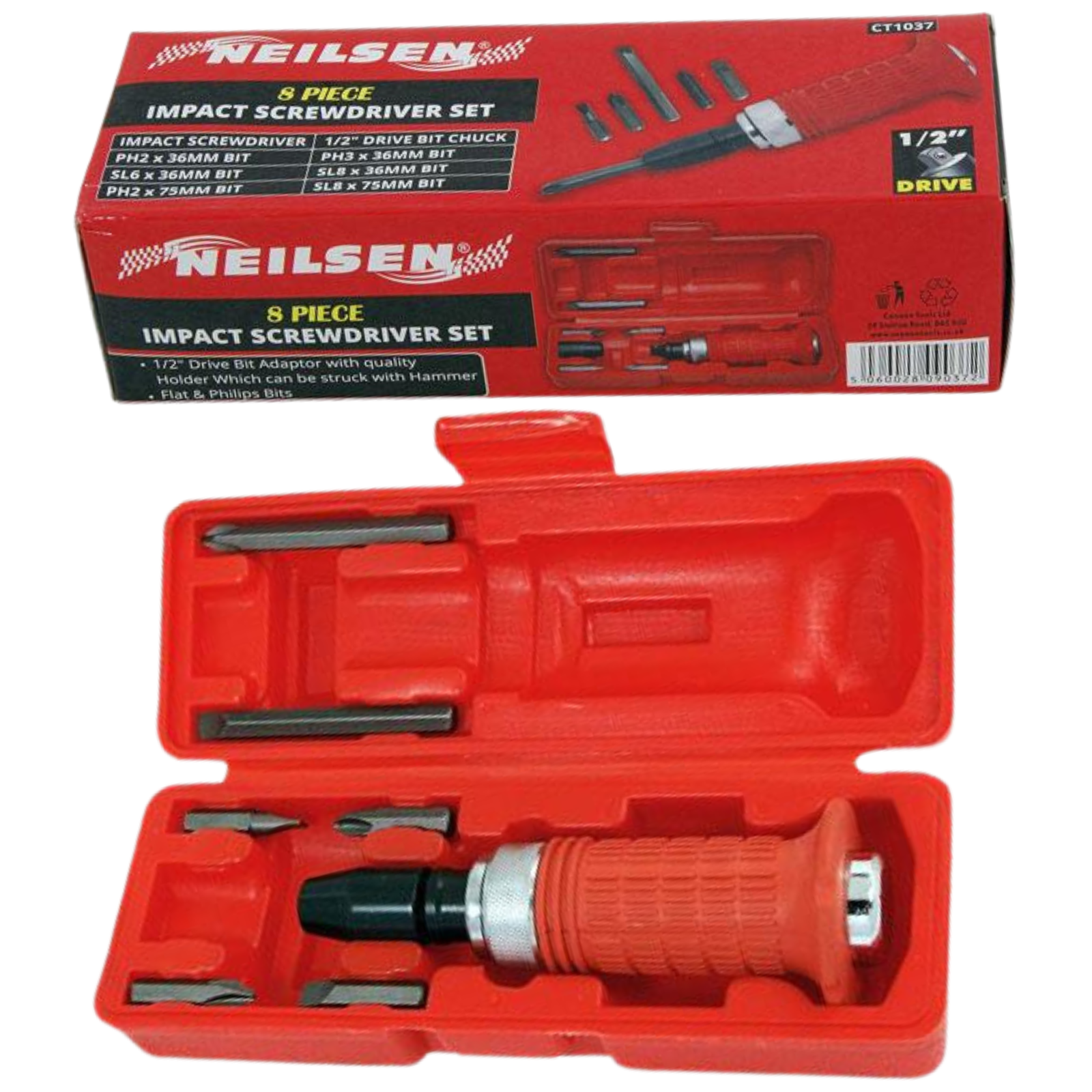 Neilsen 8pc Impact Screwdriver Set 1/2"" Drive Manual Impact Driver & Bits Kit