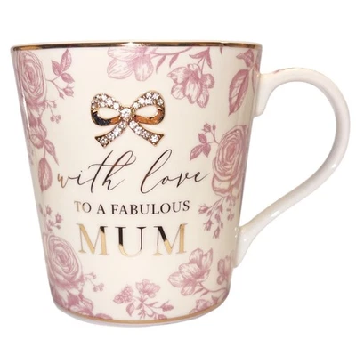 Floral Porcelaine Fine Tasse Avec Libellé Et Strass Nœud Cadeau Emballé - Maman - Photo 1/4