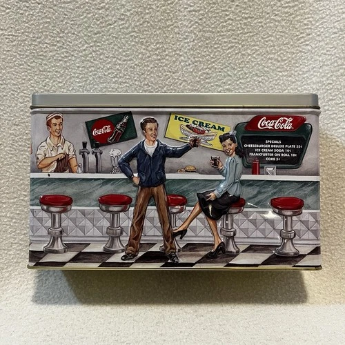 Vintage Ice Cream Parlor Scene Coca-Cola Metal Rectangle Tin - Nice !