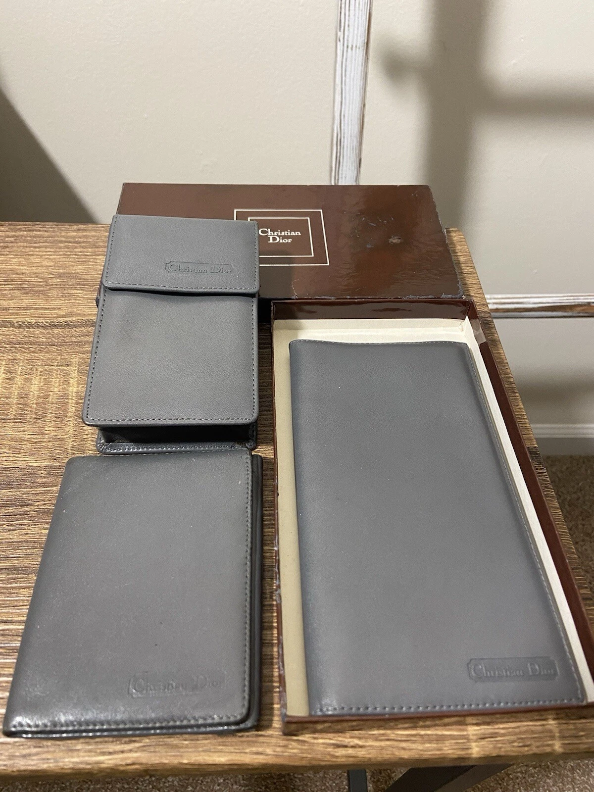 Etui à cigarettes Dior 3 pièces Made In Spain cuir gris + ensemble portefeuille court et long