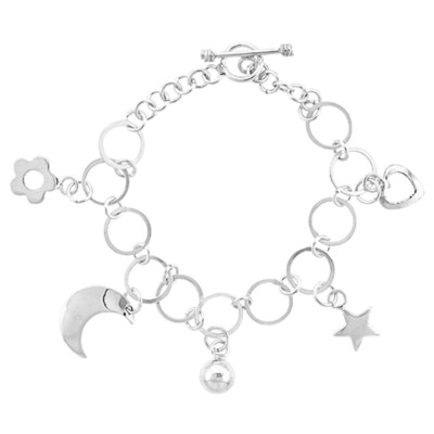 925 Sterling Silber Mondsichel, Stern, Herz, Blume & Kugel Armband, 7'' lang