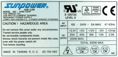 NETZTEIL SUNPOWER RAM-1331P 968767-101 330WATT MSL5000