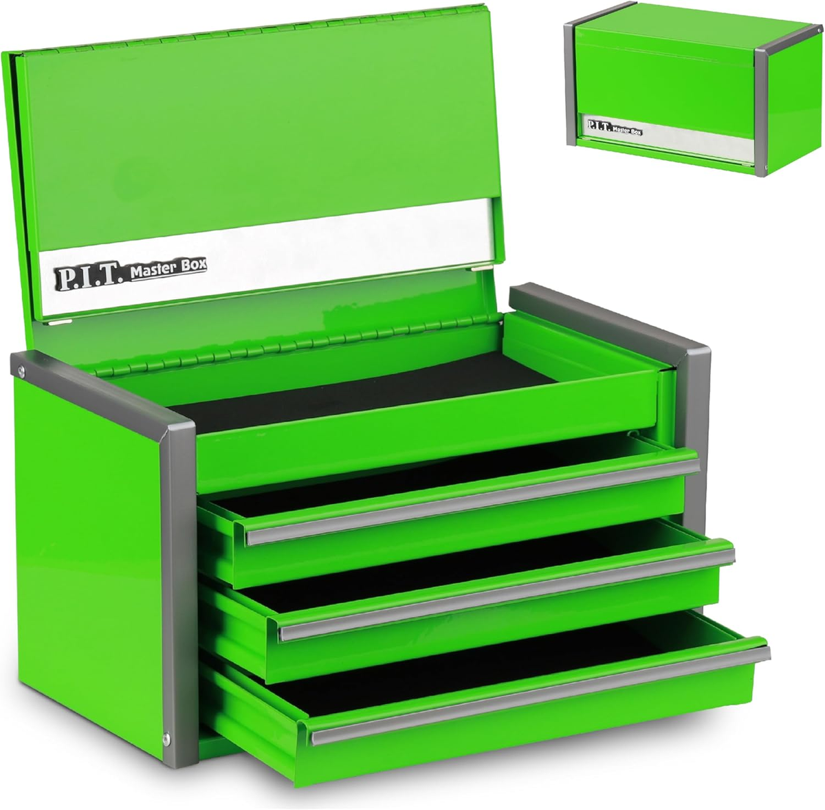 P.I.T. Mini Green Tool Box, Portable 3 Drawer Steel Stackable Tool