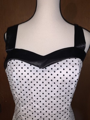Dress Tells White Black Polka Dots Retro Pinup Satin Halter Laced Back Size L