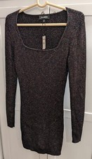 Express Sz M Black Metallic Square Neck Long Sleeve Bodycon Sweater Dress NEW!