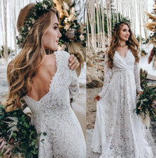 Boho Lace Wedding Dress Long Sleeve Backless A-Line Bridal Gown for Women