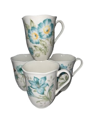 Lenox China Butterfly Meadow Turquise Coffee Tea Mugs Set of 4